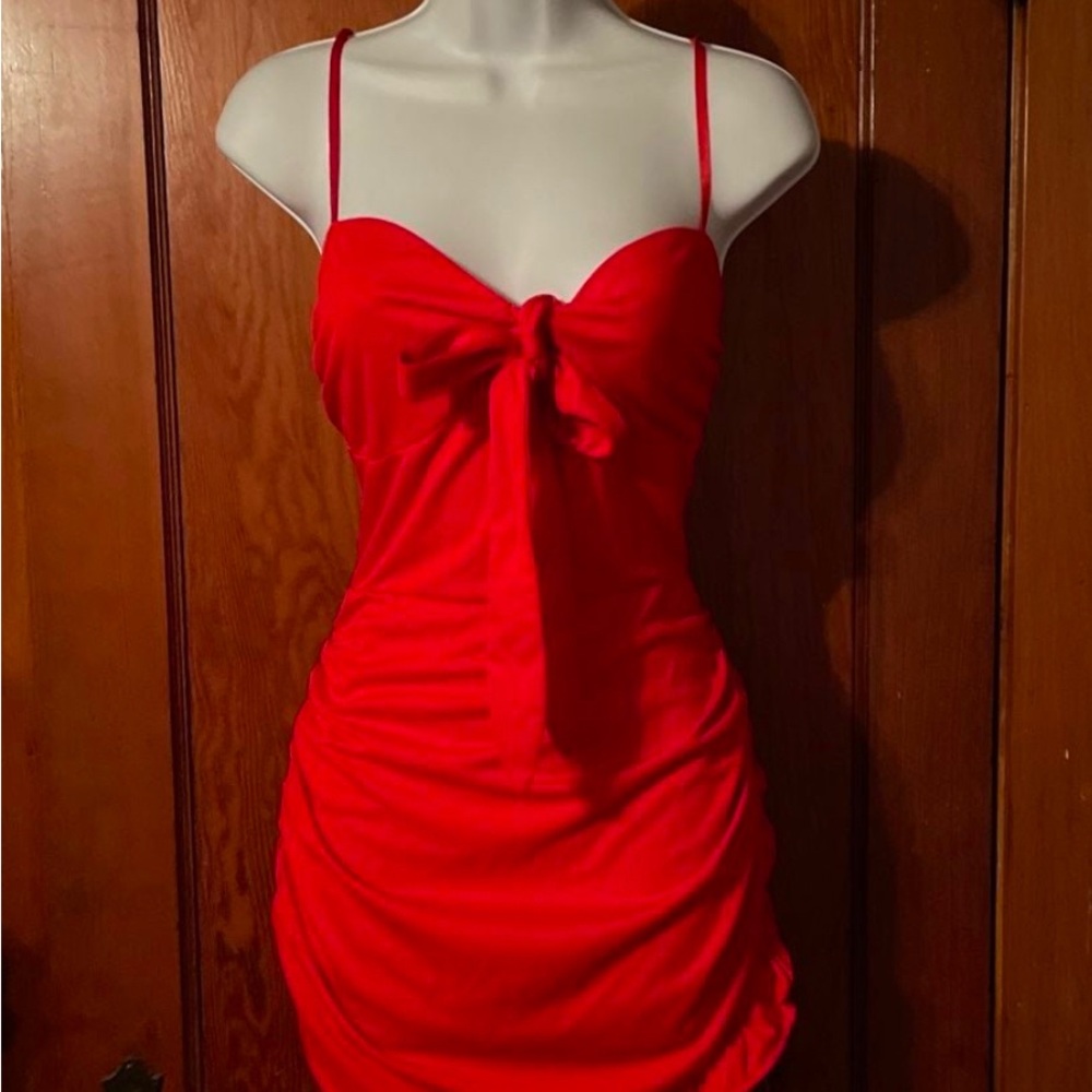 NEW NEVER WORN Red Ruched Babydoll Mini Dress